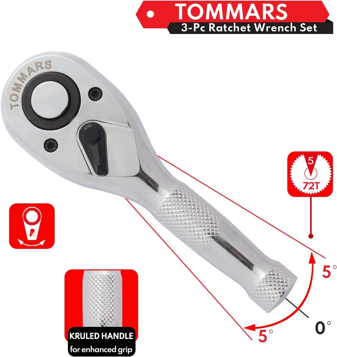 Stubby Ratchet Set, 1/4″, 3/8″, 1/2″ Drive Ratchet Handle Wrench 72-Tooth Quick