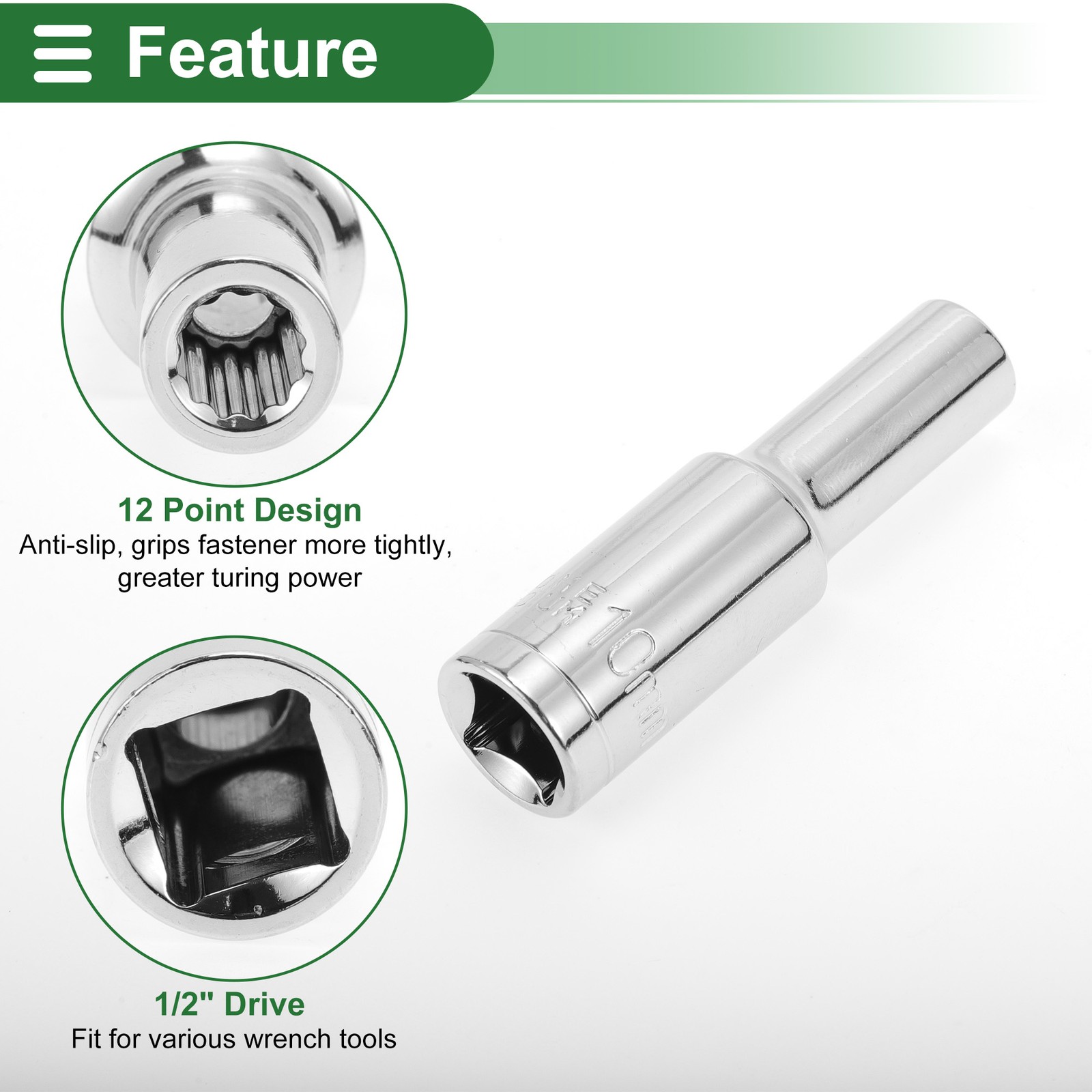 Universal 1/2 Inch Drive Impact Socket 10mm 12 Point Chrome Vanadium Steel 1 Pcs