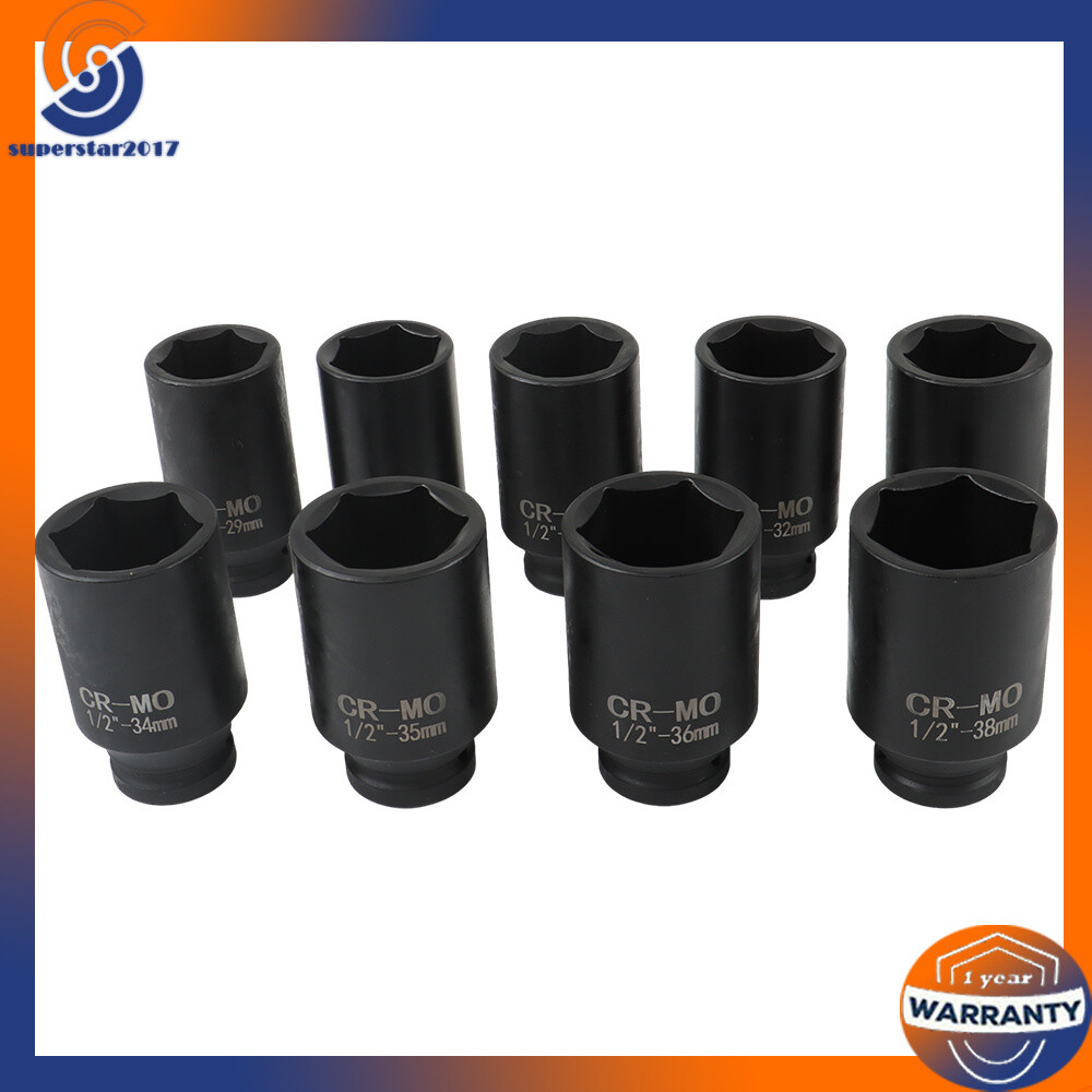 9Pcs Deep Impact Socket Set 1/2″Drive Metric Axle Hub Nut Socket 29-38mm 6-Point