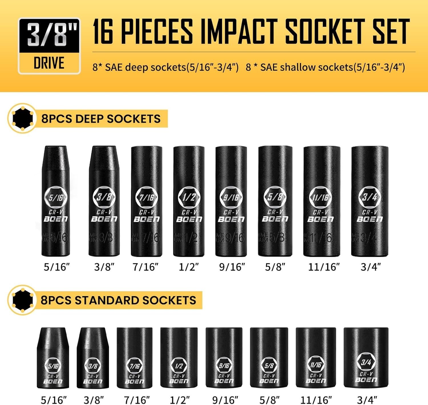 3/8″ Drive Impact Socket Set, 57-Piece Standard SAE 5/16 to 3/4 inch and Metr…