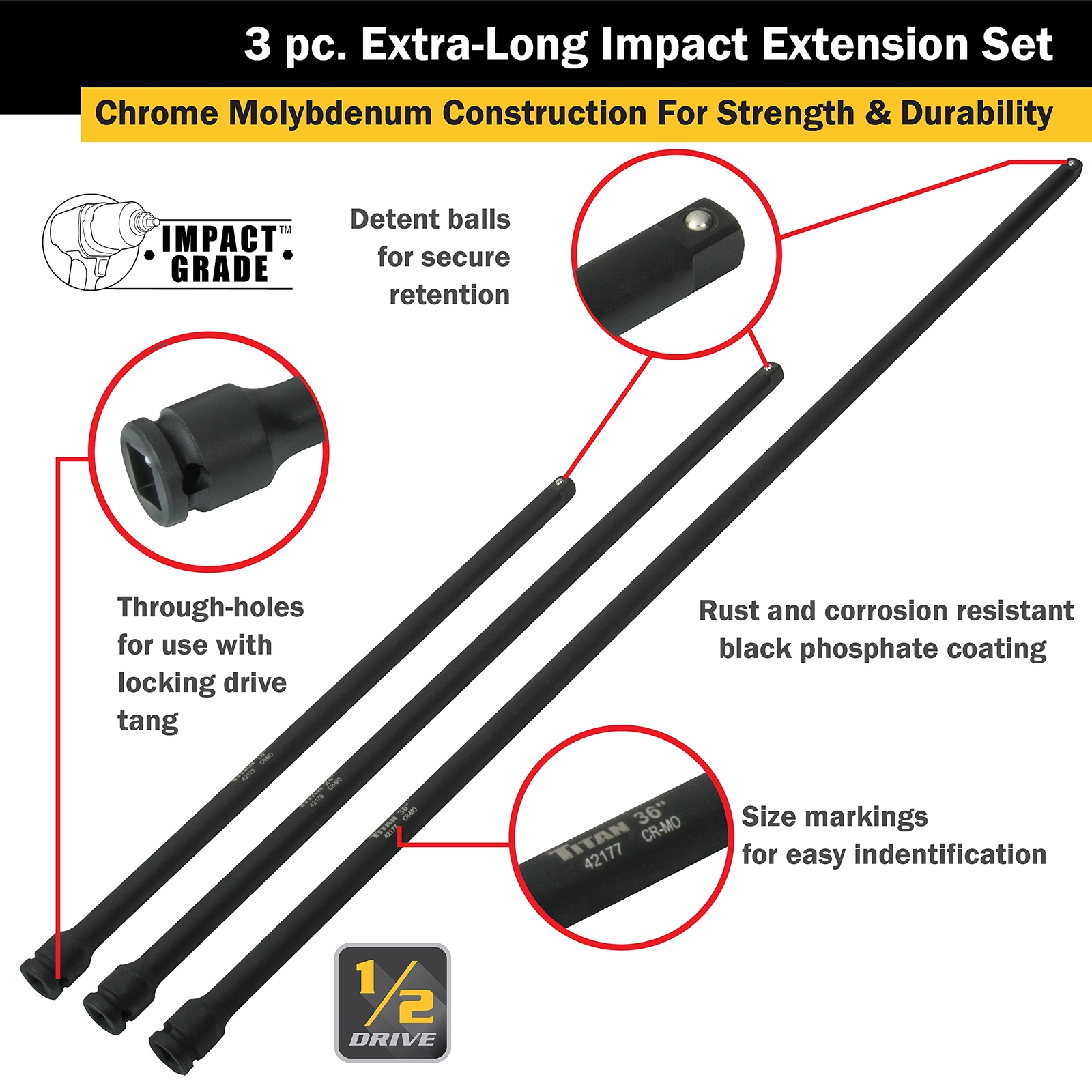 Titan Tools 3 pc. 1/2 in. Drive Extra-Long Impact Extension Set (42173)