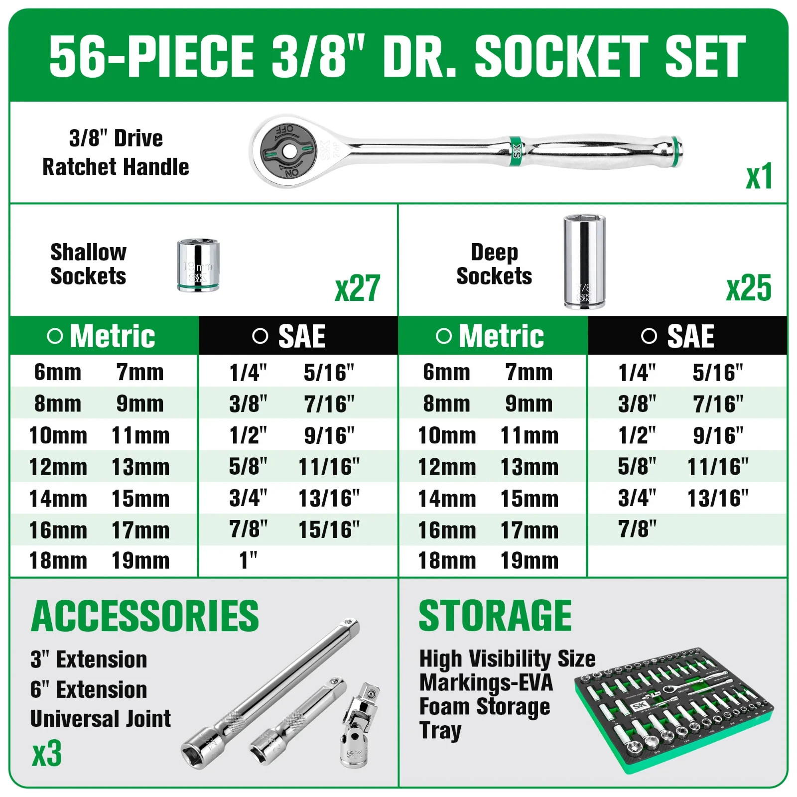 SK Tools SKTSK01307-216P 56 Piece 3/8″Dr, 6Pt, Standard & Deep, SAE & Metric