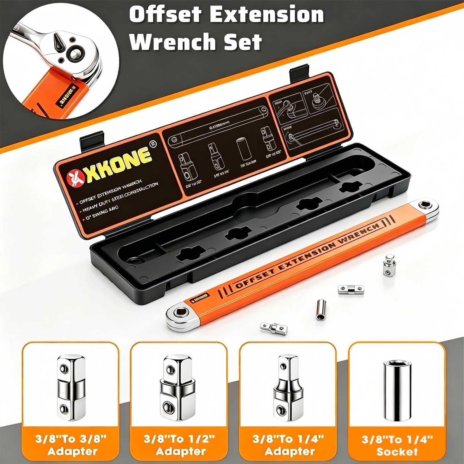 Versatile 15.4″ Offset Extension Wrench – 3 Adapters Included for Tight Spaces
