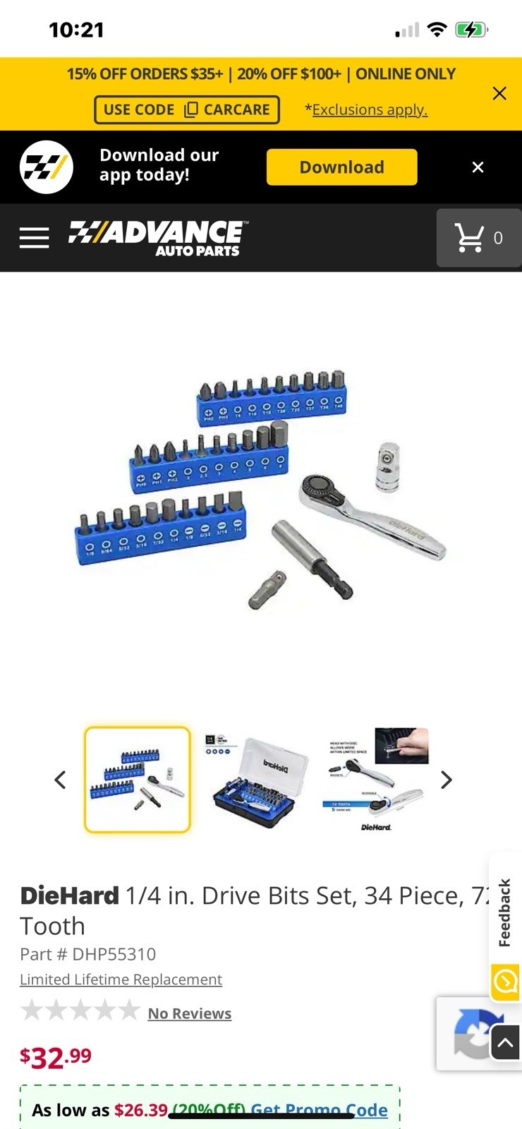 Die Hard 1/4 Drive 34 Pc Ratchet And Bit Set
