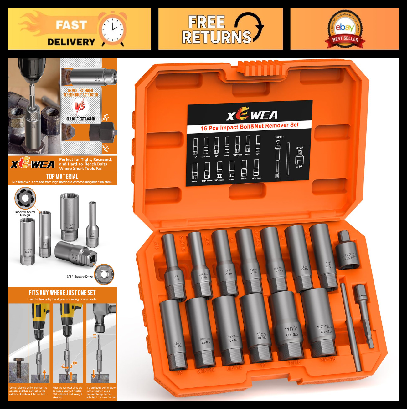16PCS Deep Bolt Extractor Set – Impact Nut Remover for Stripped, Rusted, Broken