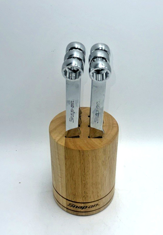 Snap On Tools 6 Pc Stainless Steel Box Wrench Steak Knife Set Wood Holder