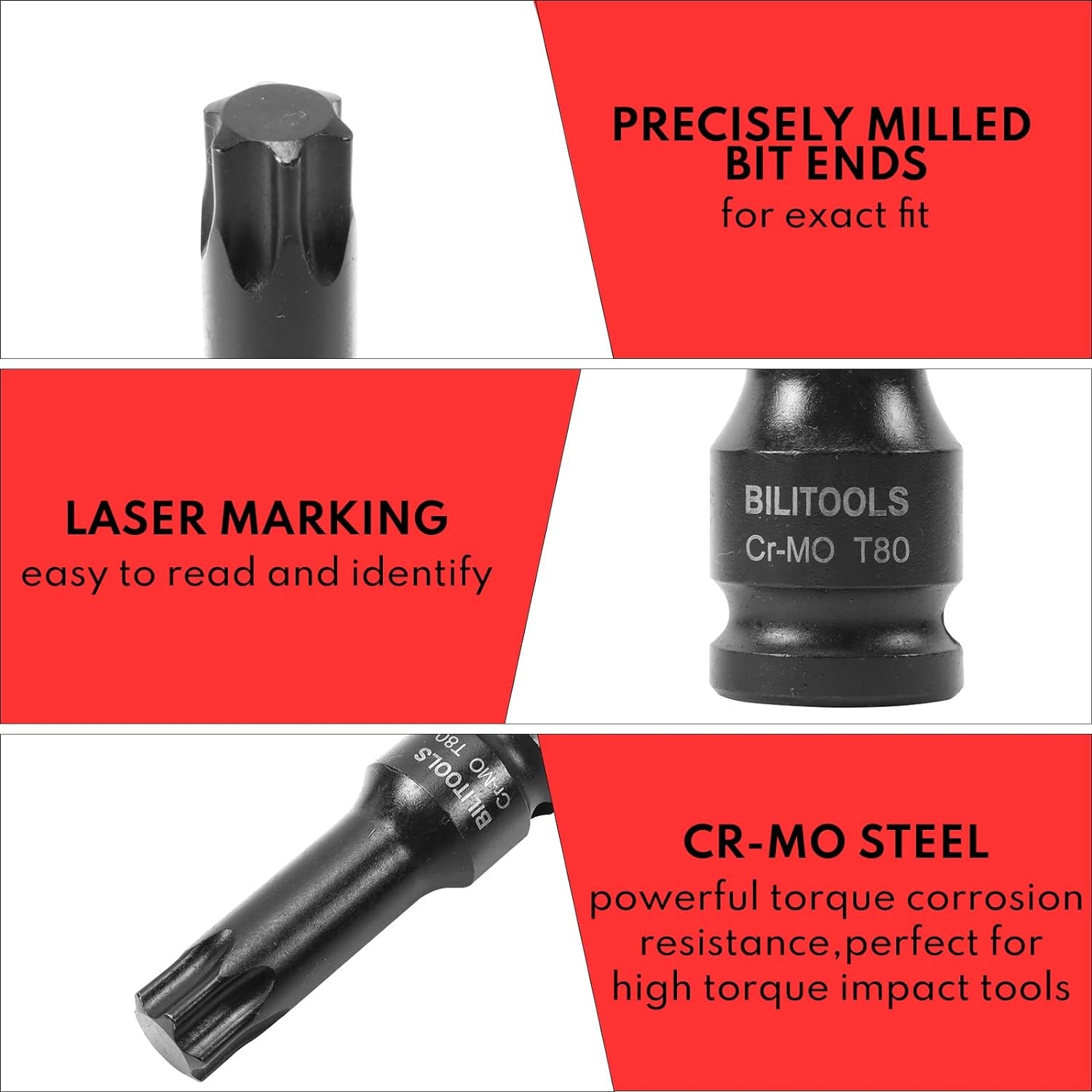 BILITOOLS 8-Piece T35, T40, T45, T50, T55, T60, T70, T80, Torx Bit Socket Set