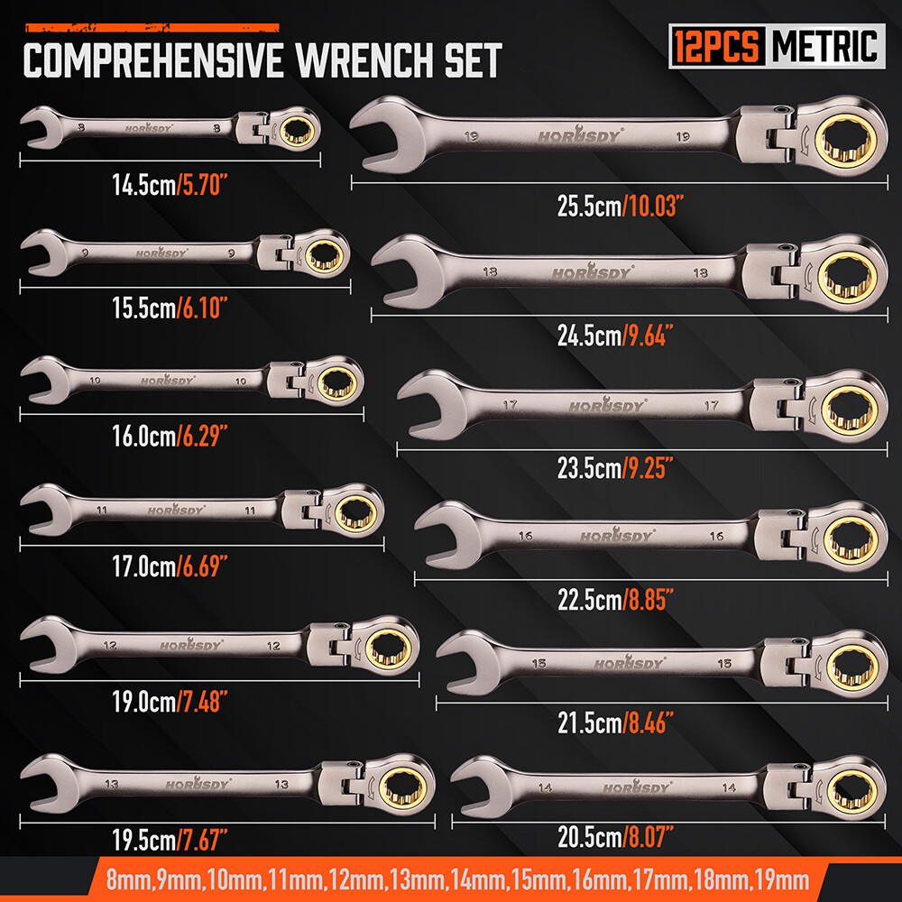 12PCS Ratcheting Wrench Set Flexible Head 8-19mm Metric Spanner Tool Combination