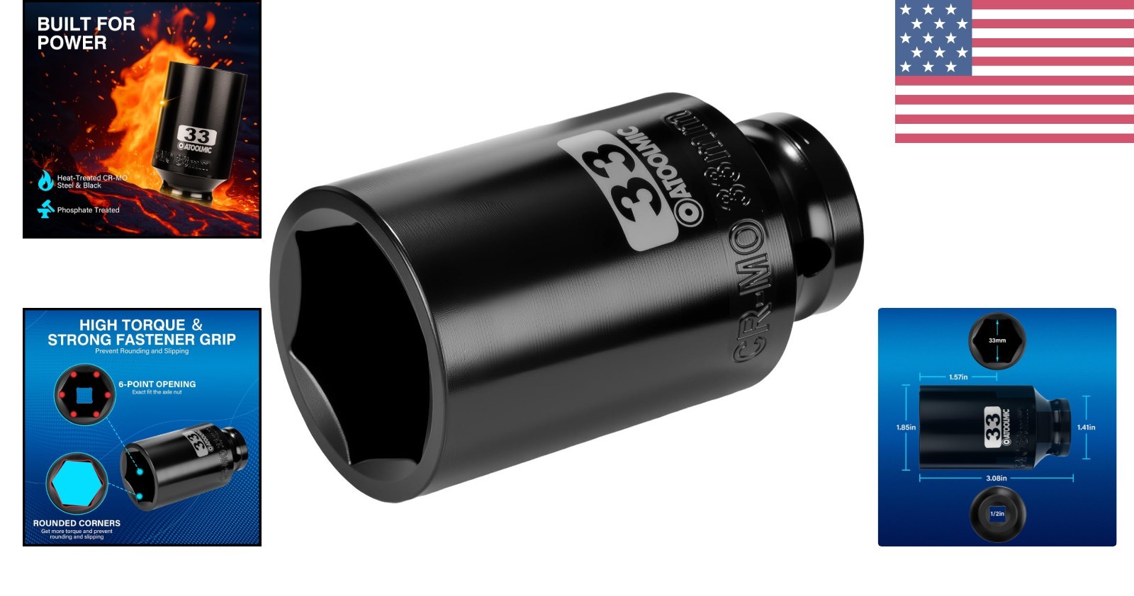 High-Quality 33mm Deep Impact Socket – 1/2 Inch Drive with Anti-Slip Grip