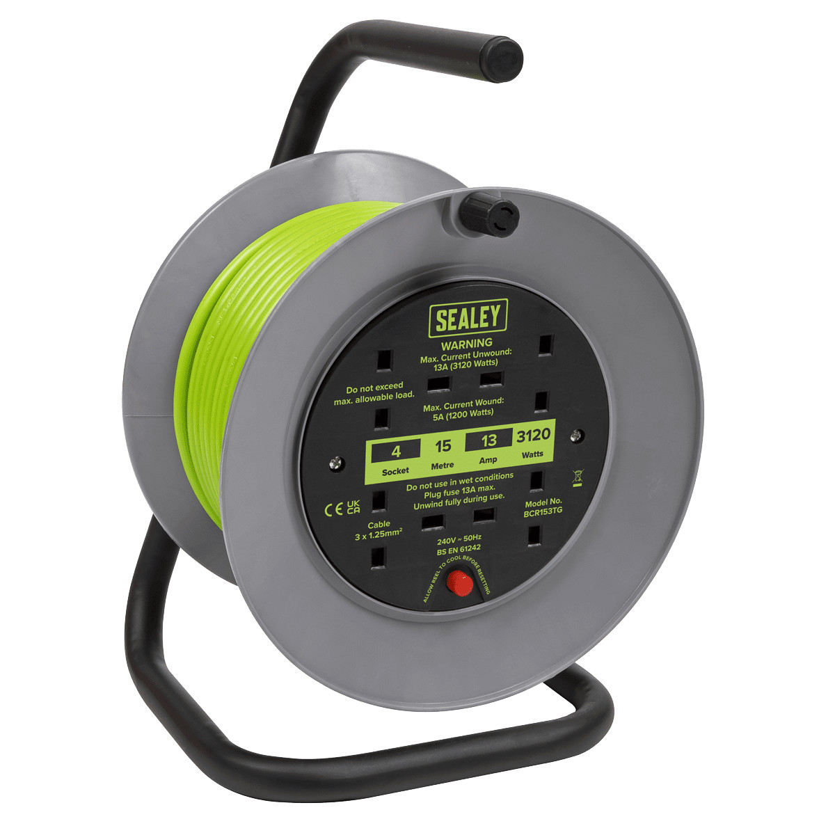 Sealey BCR153TG Cable Reel with Thermal Trip 4 x 230V 15m – Green