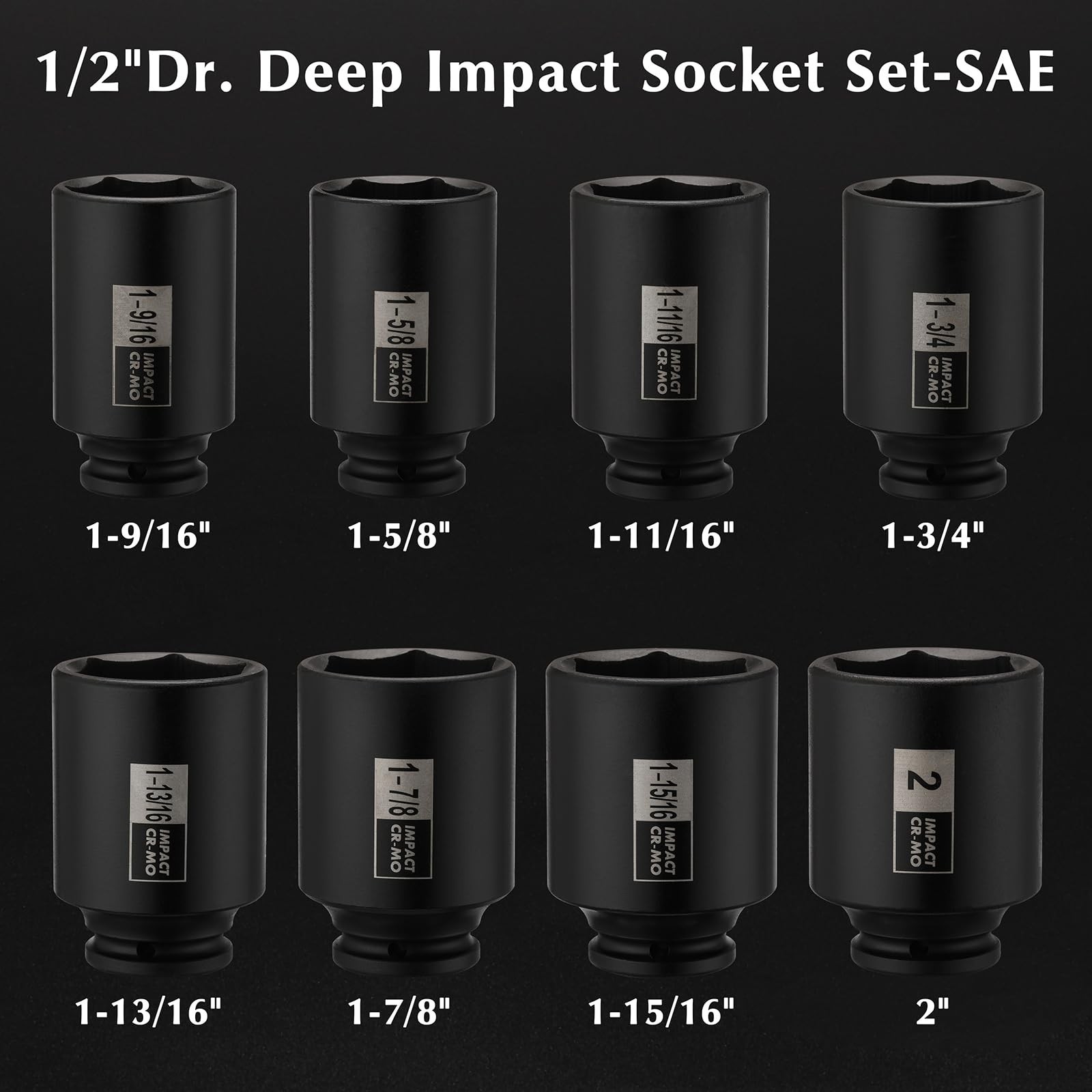8PC 1/2″ Drive Deep Impact Socket Set, 6 Point CR-MO Spindle Axle Nut, SAE 1-9/1