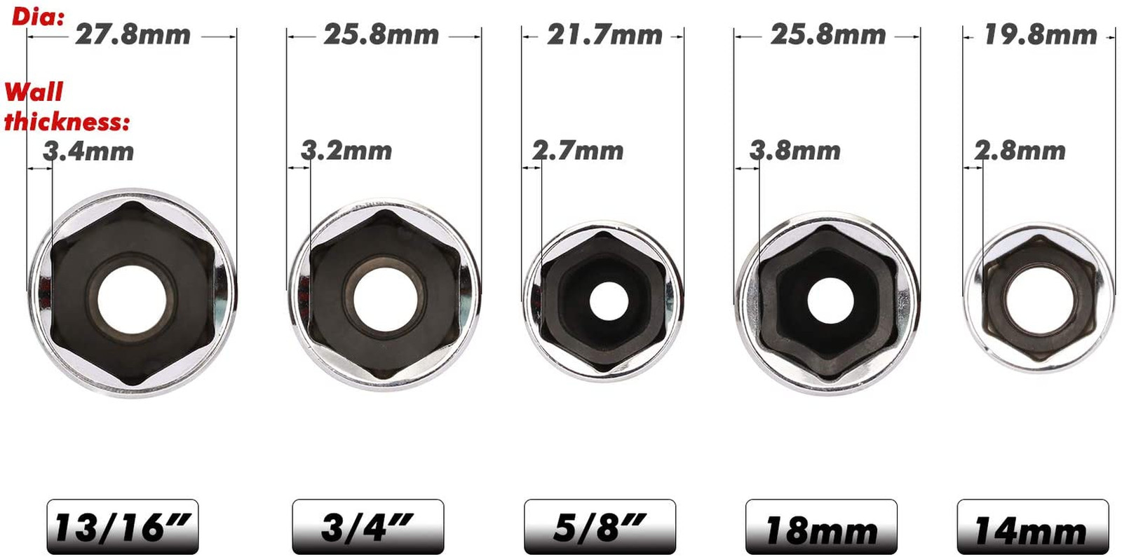 3/8-Inch Drive Spark Plug Socket Set, 6-Point, 5/8-Inch, 3/4-Inch, 13/16-Inch, 1