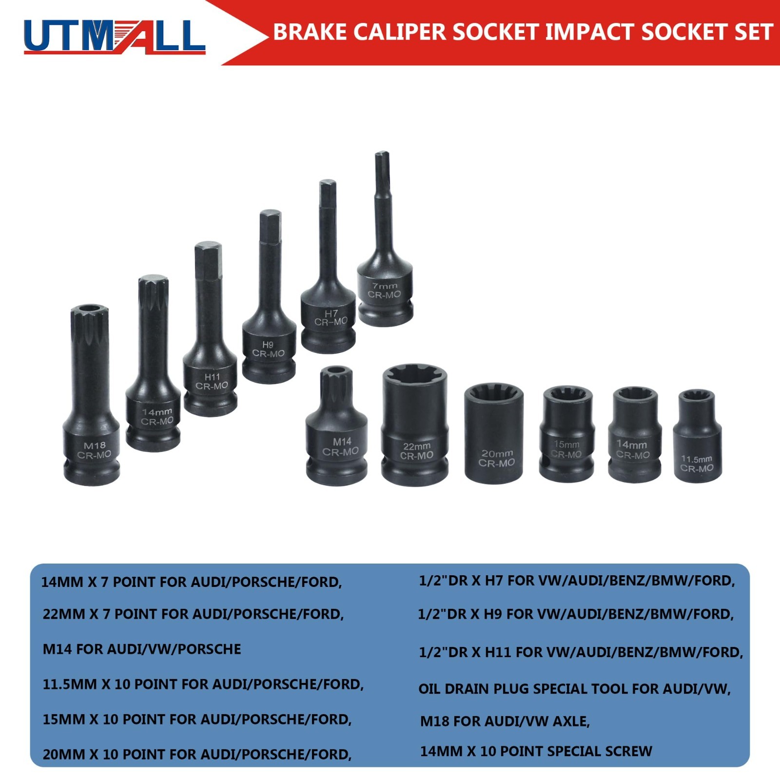 12PCS Brake Adjusting Tool Set – Caliper Socket Kit for Audi VW BMW Benz Ford, M