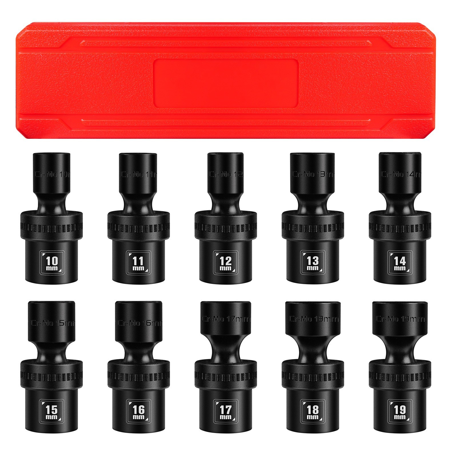1/2″ Drive Swivel Socket Set, 10-Pcs Metric Size (10-19mm), Shallow Socket Set