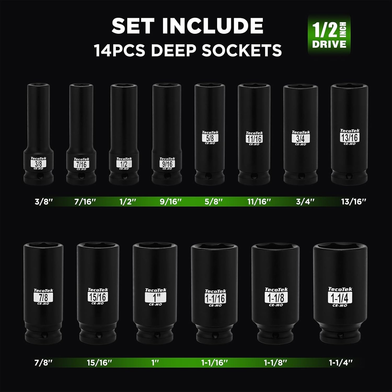 14PCS 1/2″ Deep Drive Impact Socket Set, 6-Point, SAE 3/8″ to 1-1/4″, CR-MO S…