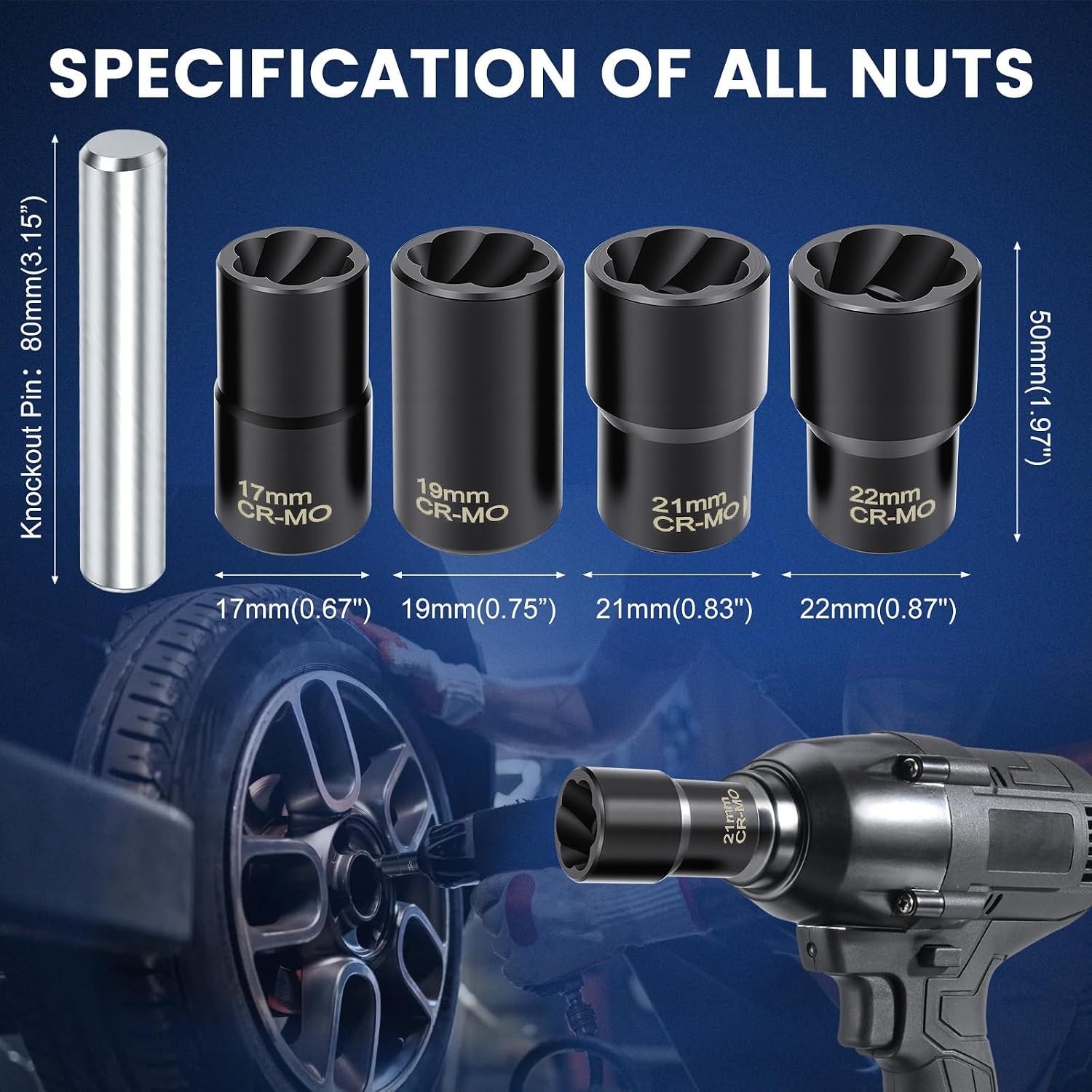 5Pcs 1/2”Twist Socket Drive Wheel Lug Nut Damaged Stripped Remover 17 19 21 22mm
