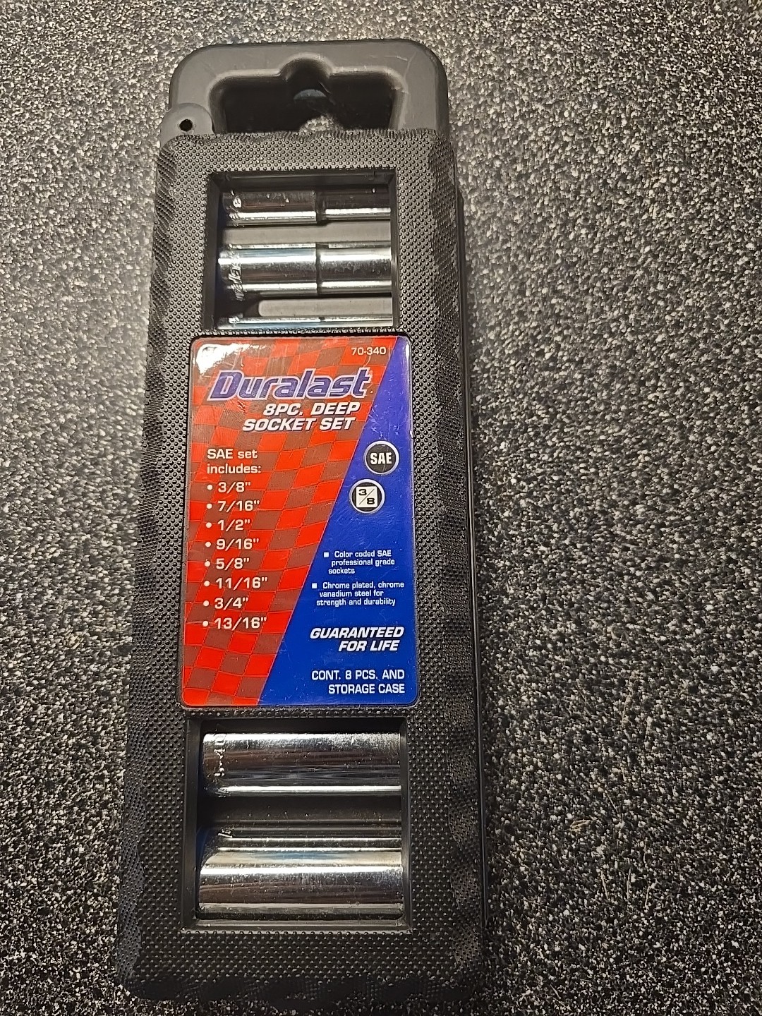 DURALAST: NEW IN CARRY CASE 8- Piece 3/8 Drive SAE Deep Socket Set Chrome 70-340