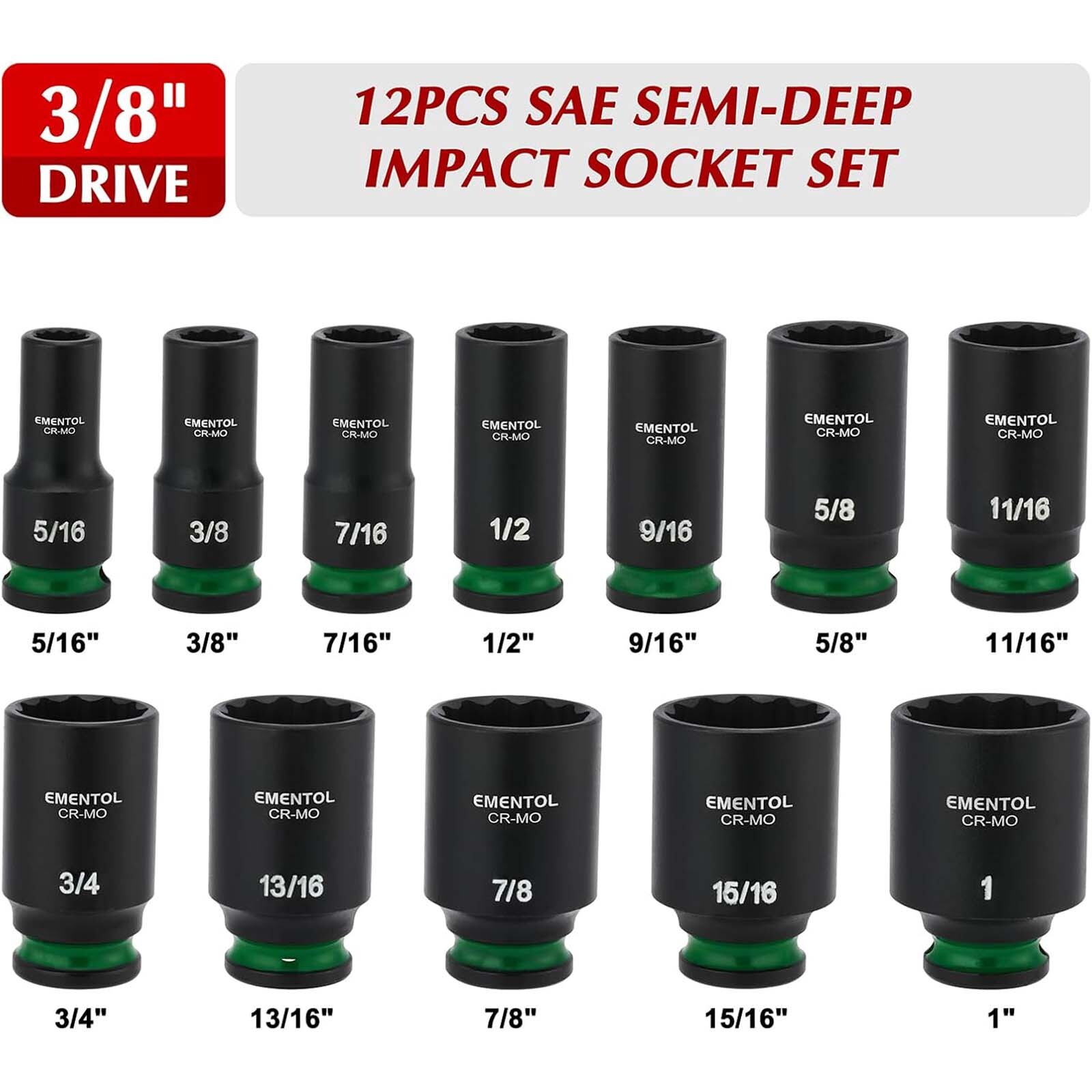 12PCS 3/8″ Drive Impact Socket Set Semi-Deep Sockets Standard SAE 5/16″-1″ CR-MO