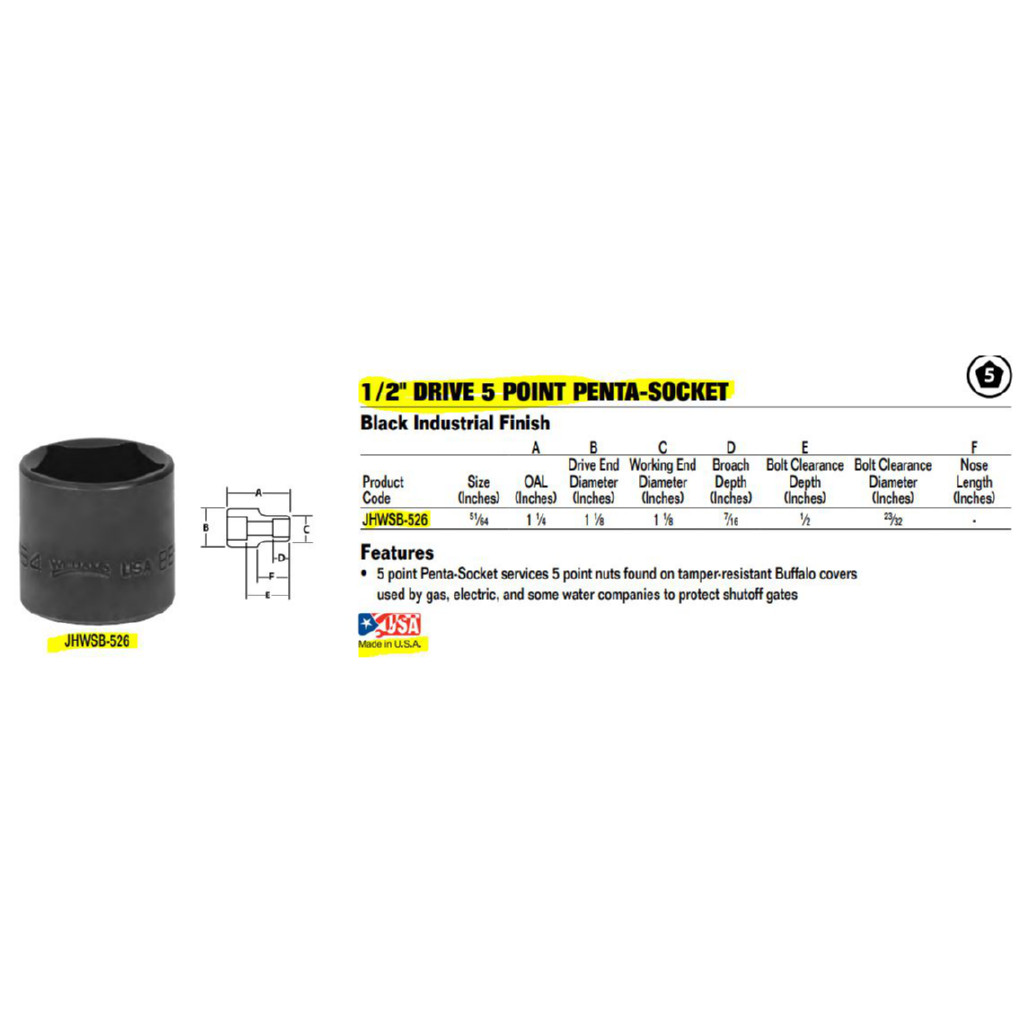 1/2″ Drive 5-Point Penta-Socket, Black Industrial Finish, Williams SB-526