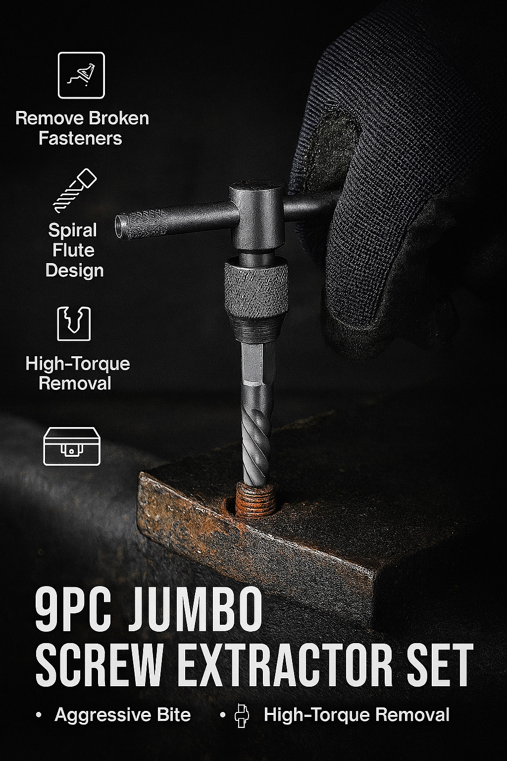 Heavy-Duty Screw Extractor Kit 9PC | Bolt Stud Pipe Remover Square Shank Manual
