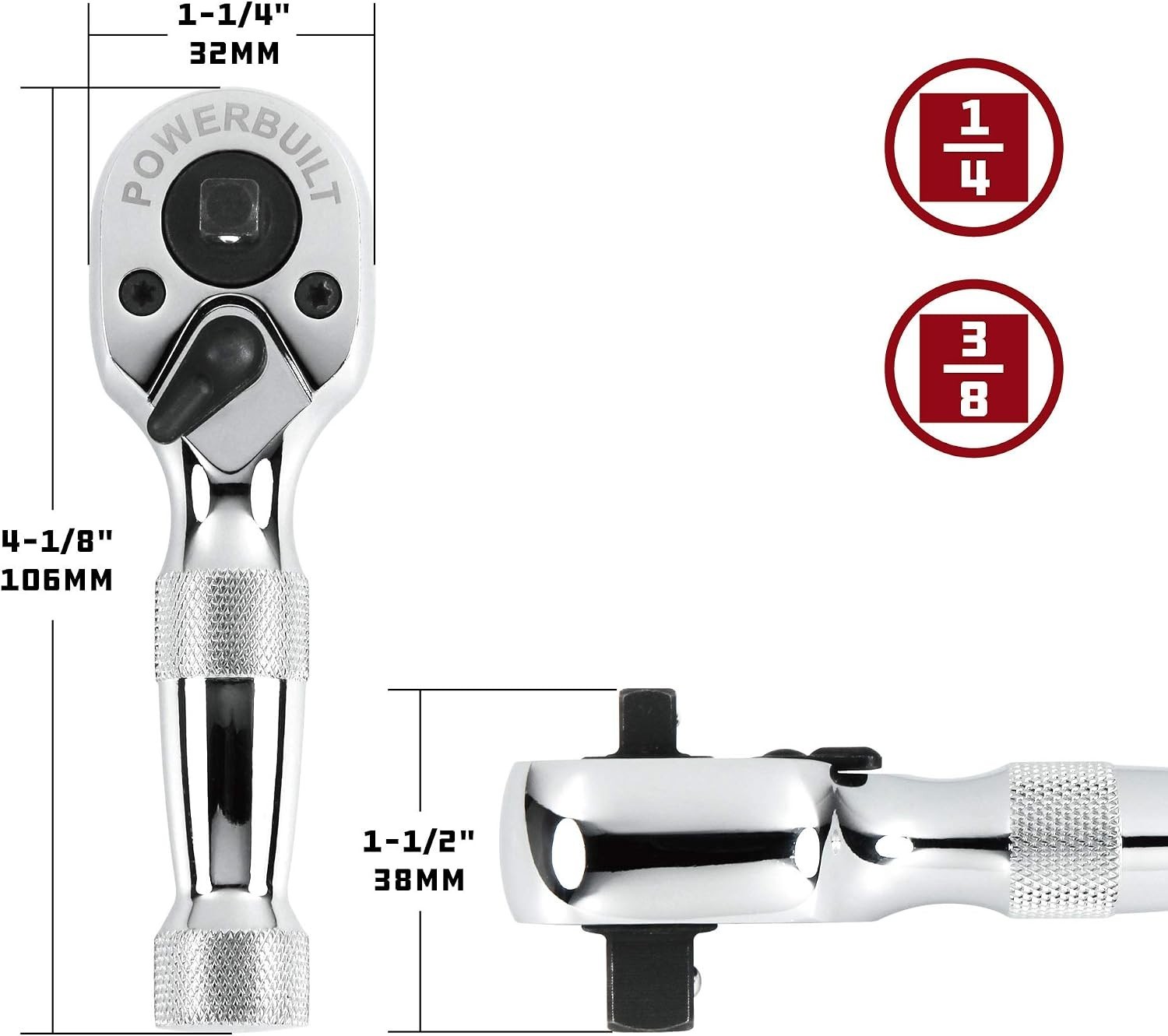 Compact Stubby Ratchet with 1/4 & 3/8 Drive – Reversible 72 Tooth Design