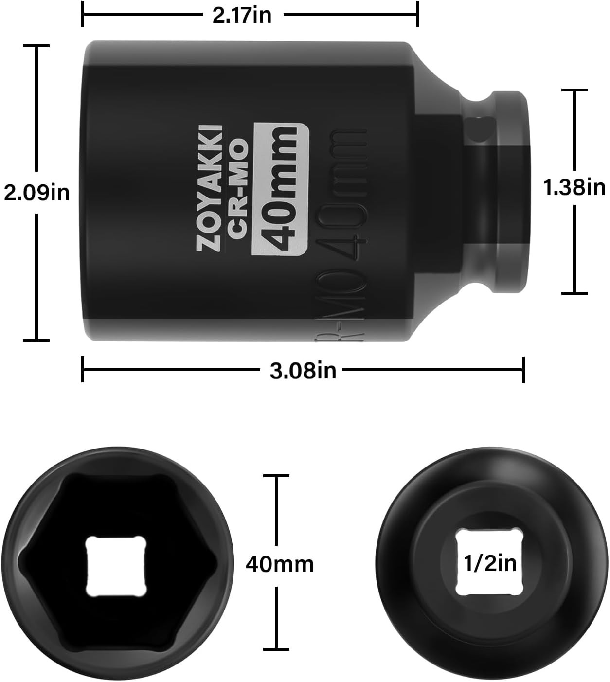 1/2″ Drive x 40 mm Deep 6 PT Impact Socket, CRMO, 1/2inch Drive 6 Point Axle …