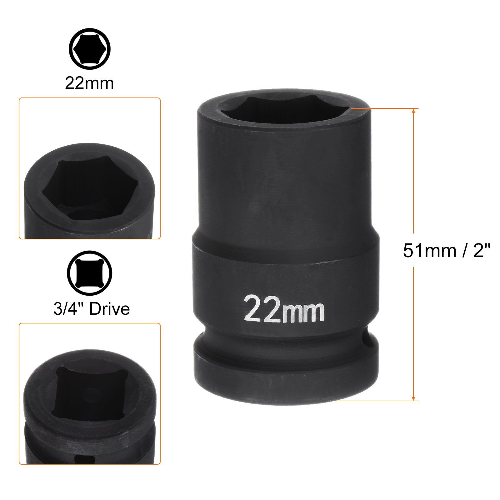 6-Point Impact Socket 3/4 Inch Drive 22mm Metric 40Cr Impact Socket