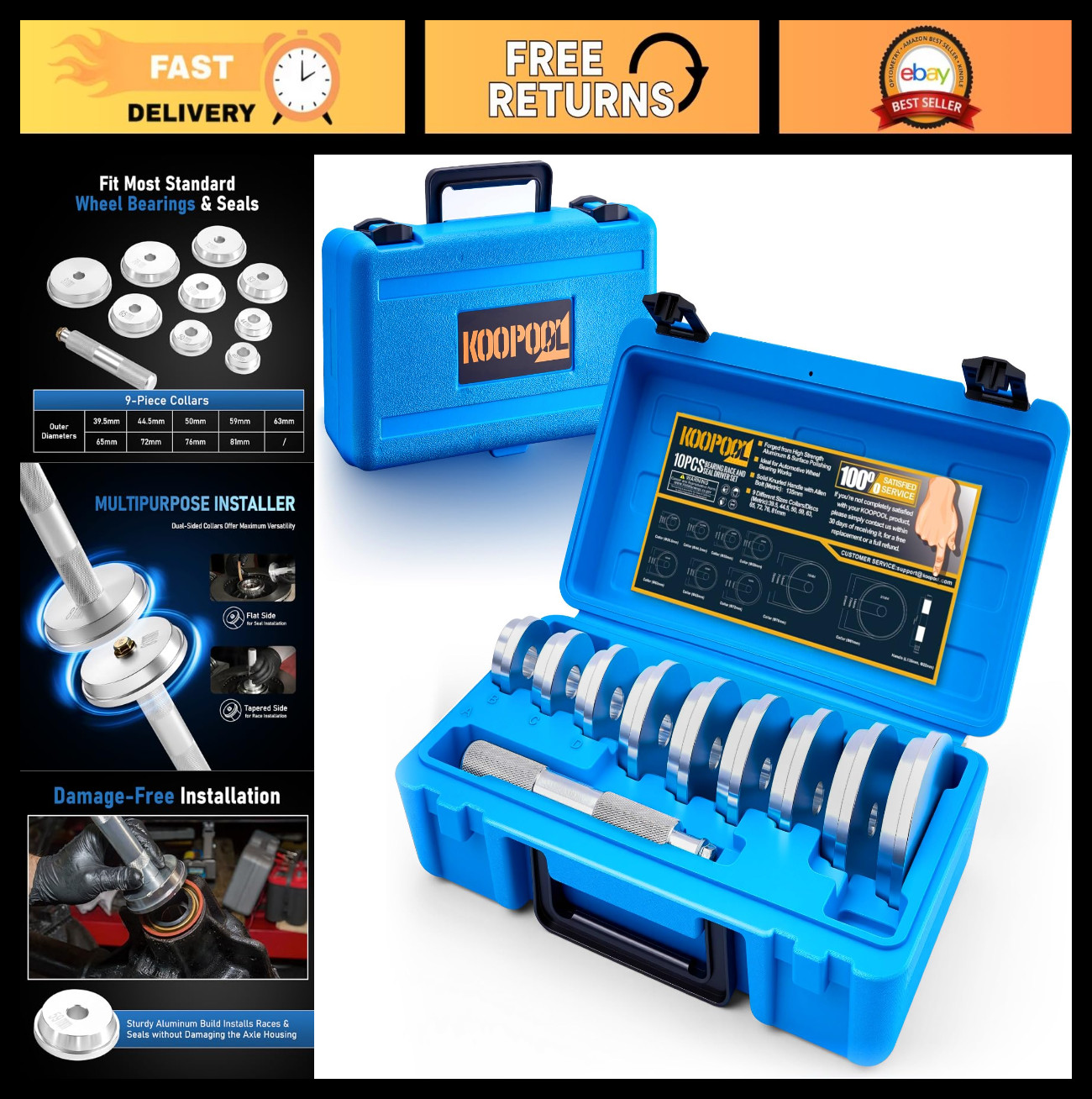 10-Piece Wheel Bearing Press Kit – Seal Driver, 9 Adapters & Installer Tool Set
