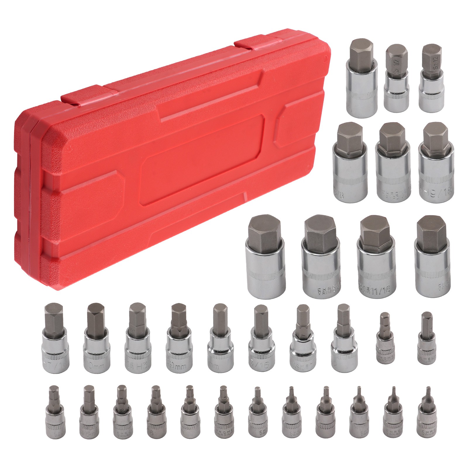 32pc S2 Hex Bit Socket Set 1/4 3/8 1/2 in Drive Metric Imperial Chrome