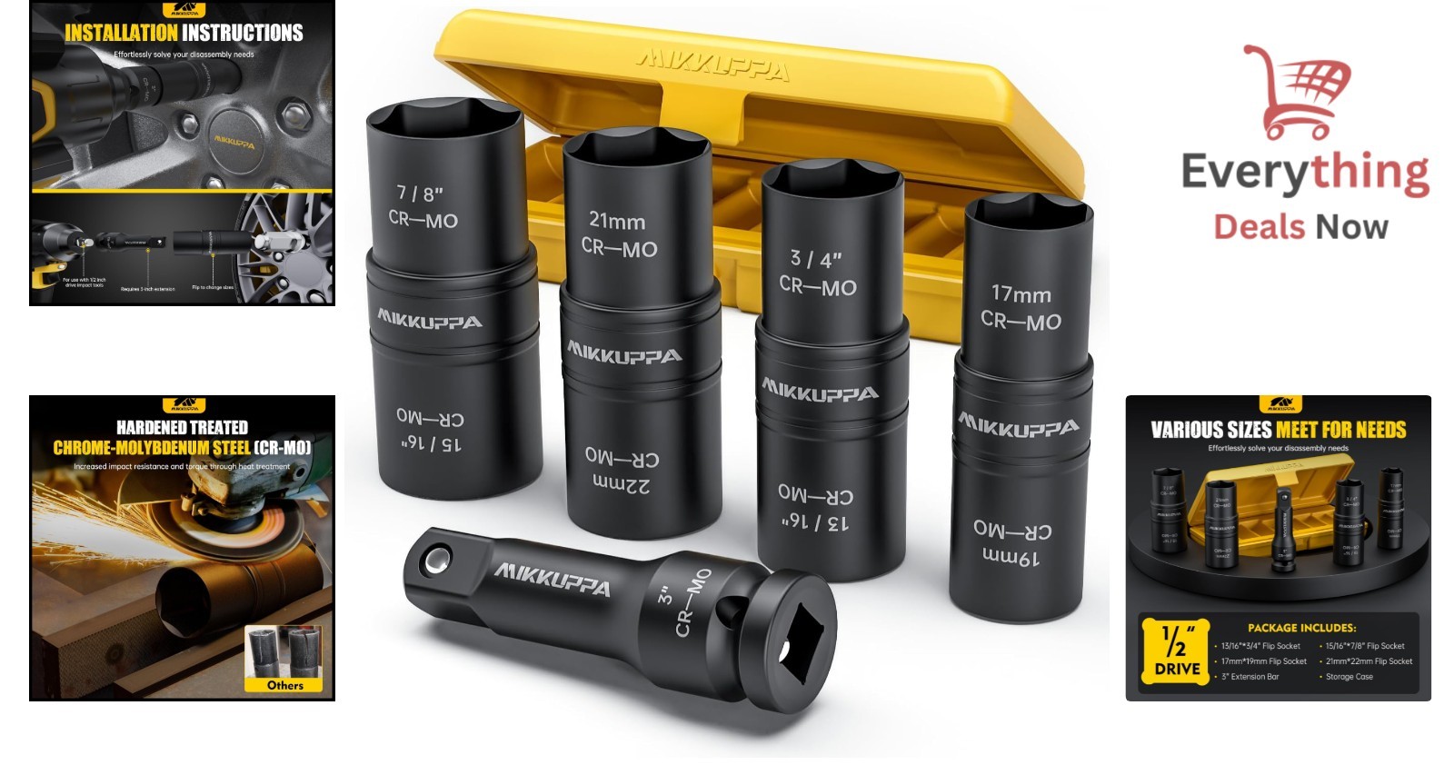 5PCS 1/2″ Drive Impact Socket Set Flip Lug Nut Extractor Double Side W Extension