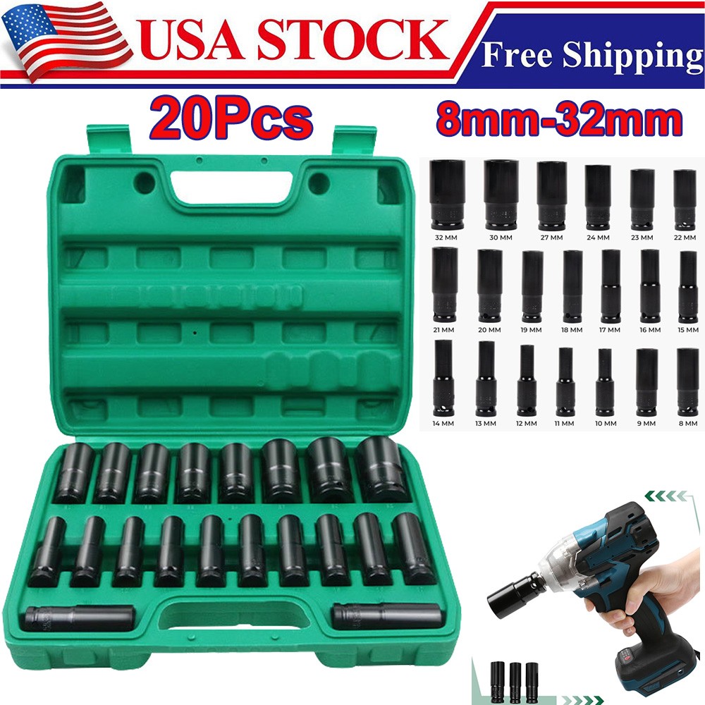 20PCS 1/2 Inch Impact Sockets Set Drive Metric 8mm-32mm Deep 6-Point Set w/ Case