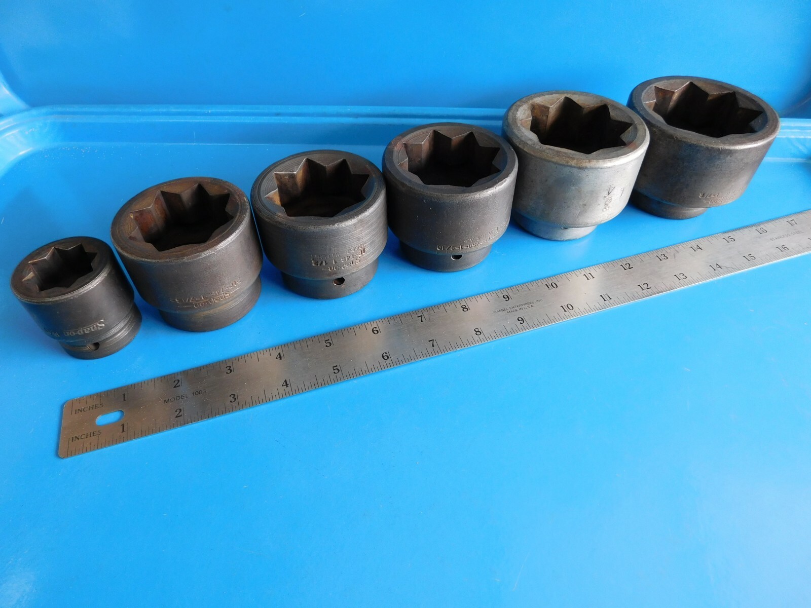 USED, SNAP ON » DOUBLE SQUARE SHORT SOCKETS» 8 PT. LOT OF 6, 3/4 & I INCH DRIVE