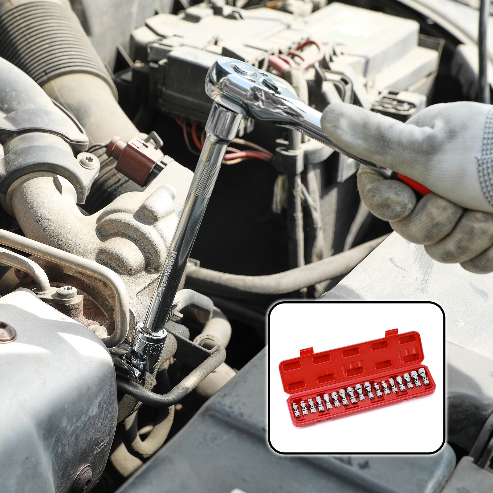 17PCS 3/8″ Drive SAE & Metric 6-Point Universal Flex Socket Set CR-V Swivel Head