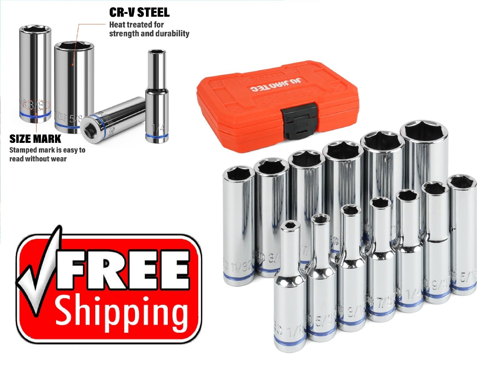 1/4″ Drive SAE Deep Socket Set 13PC 1/8-5/8″ 6 Point CR-V Hex Sockets Case USA