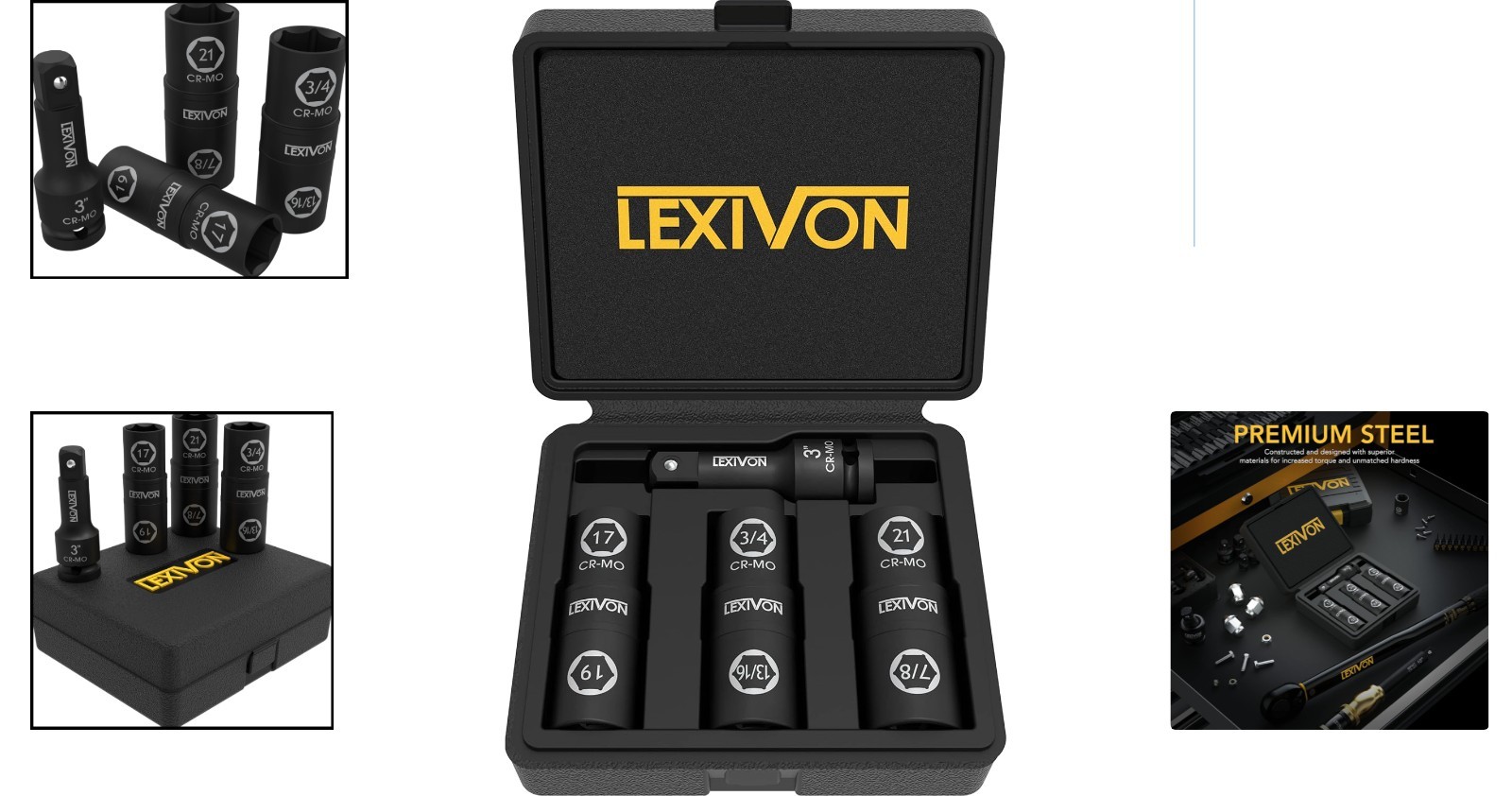 Heat-Treated Cr-Mo Impact Socket Set – 6 Lug Sizes Including 3″ Extension