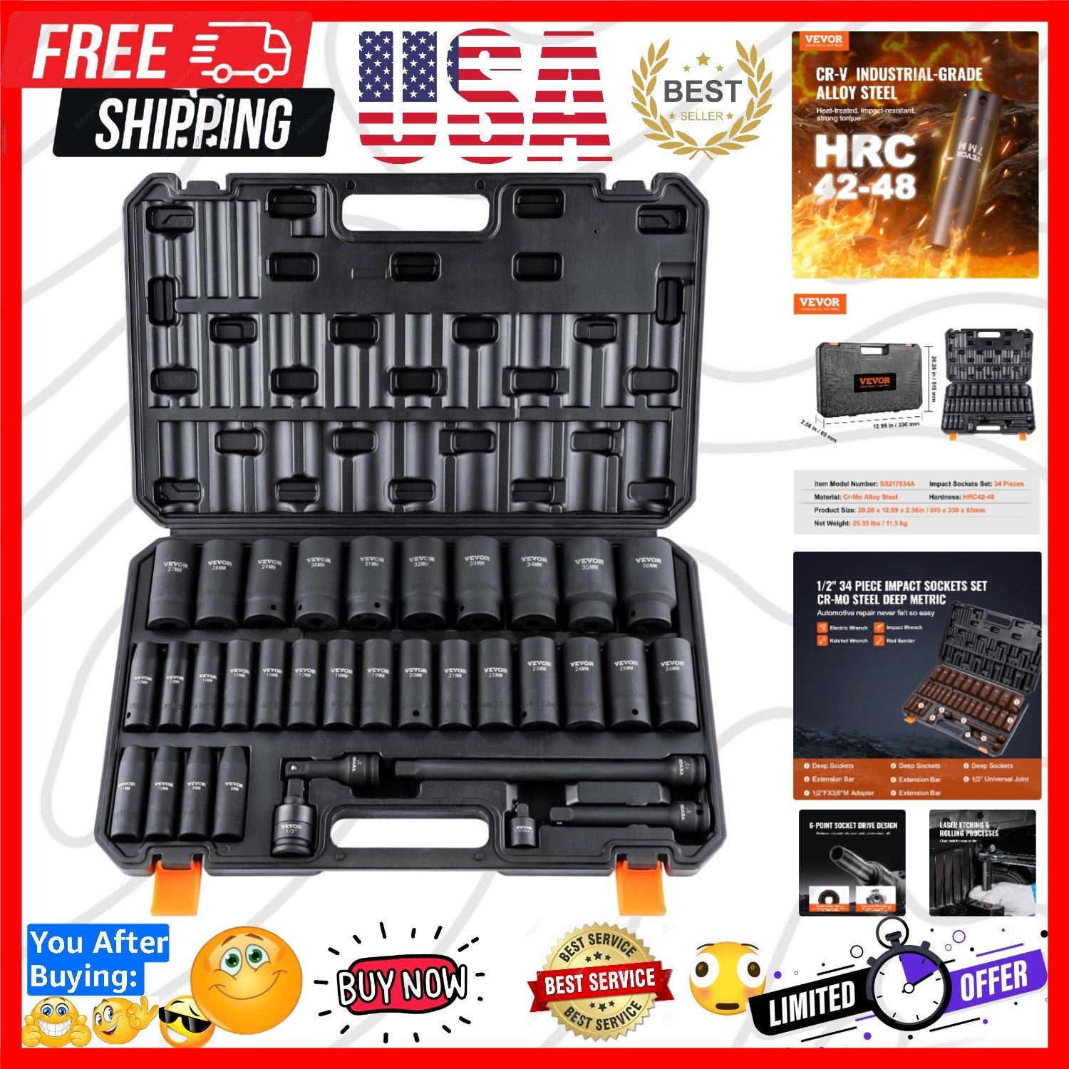 1/2″ Drive Impact Socket Set, 34 Piece Socket Set Metric 8-36mm, 6 Point Cr-M…