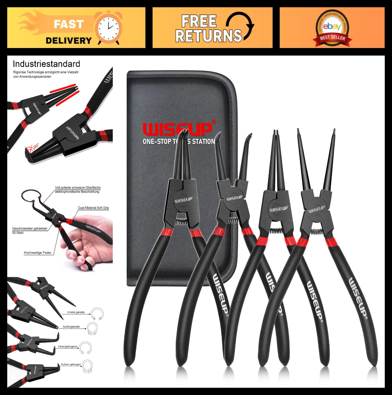 Heavy Duty Snap Ring Pliers Set – 4PCS 7″ Internal/External Circlip Kit, Straigh