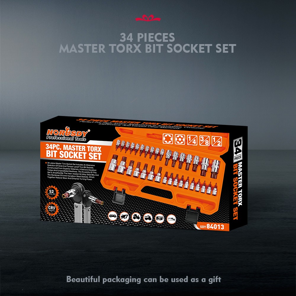 34Pcs Torx Bit Socket Set T6 – T70 Impact Star Bits S2 1/2″ 3/8″ 1/4″ Drive