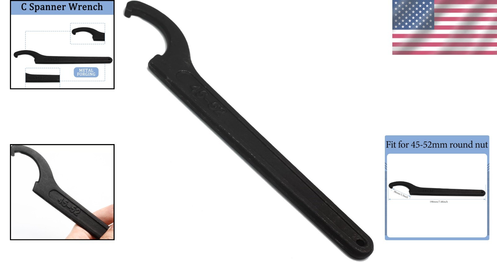 Durable Black C Hook Spanner Wrench with 7.48-Inch Length for Efficient Torque