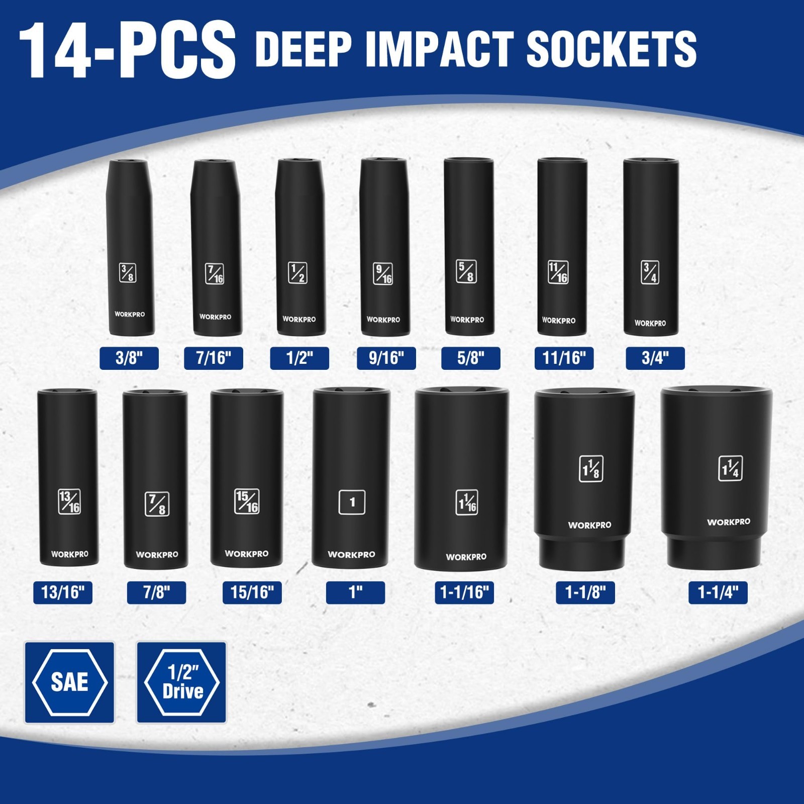 14-Piece 1/2″ Drive Deep Impact Socket Set, 6-Point Heavy Duty Case, Cr-V Steel,