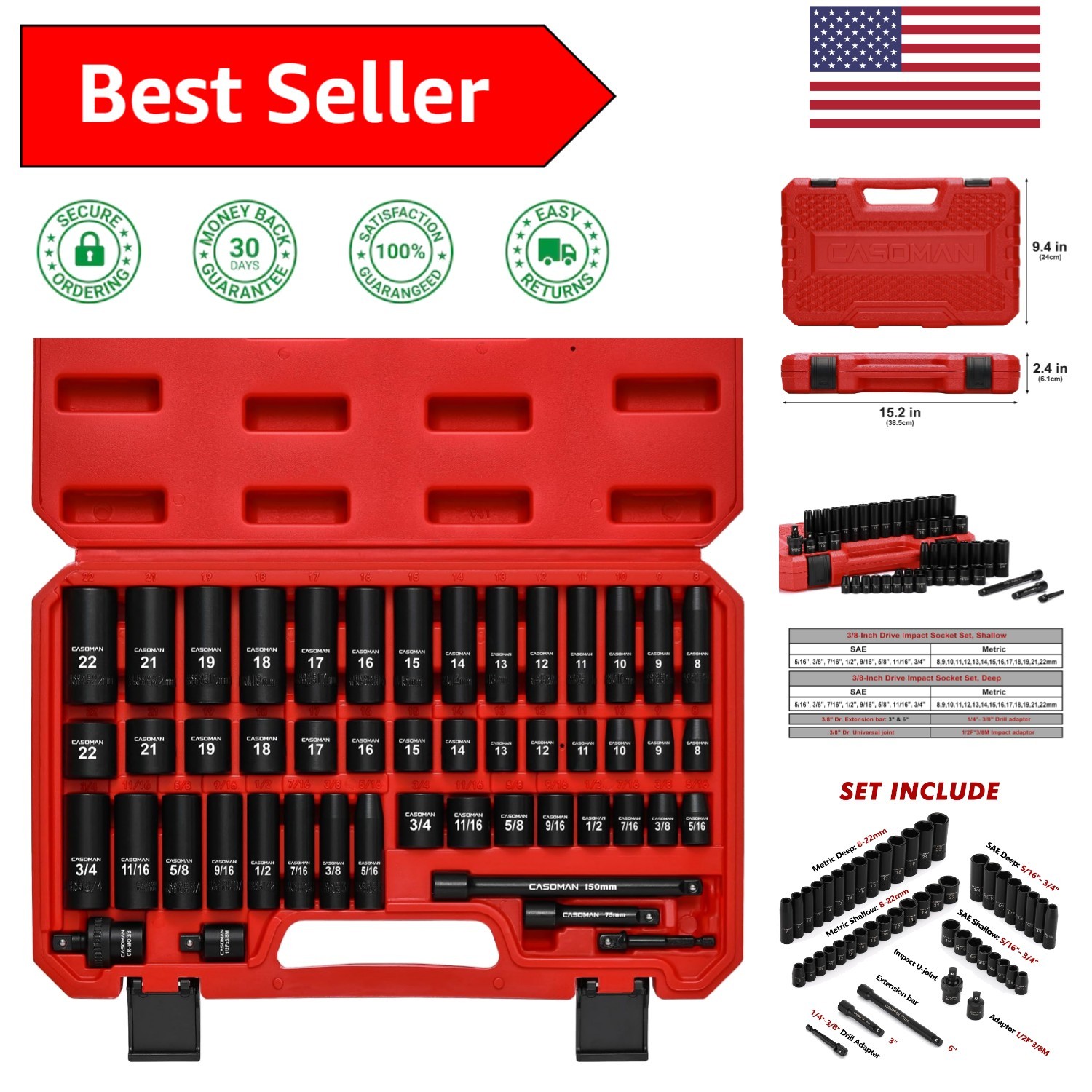 49-Piece 3/8″ Drive Impact Socket Set – Chrome Vanadium Steel SAE & Metric