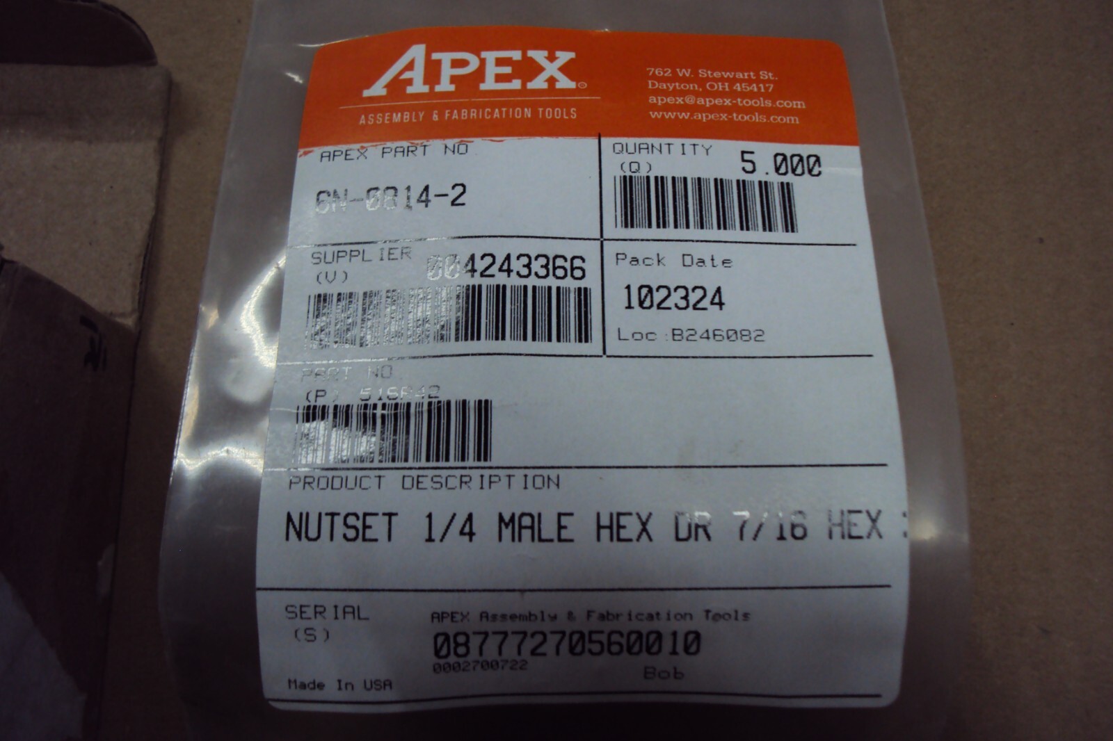 APEX 6N-0814-2 Nutsetter 1/4» 6-Point Power Drive , Non-Magnetic SAE ( PK/5)