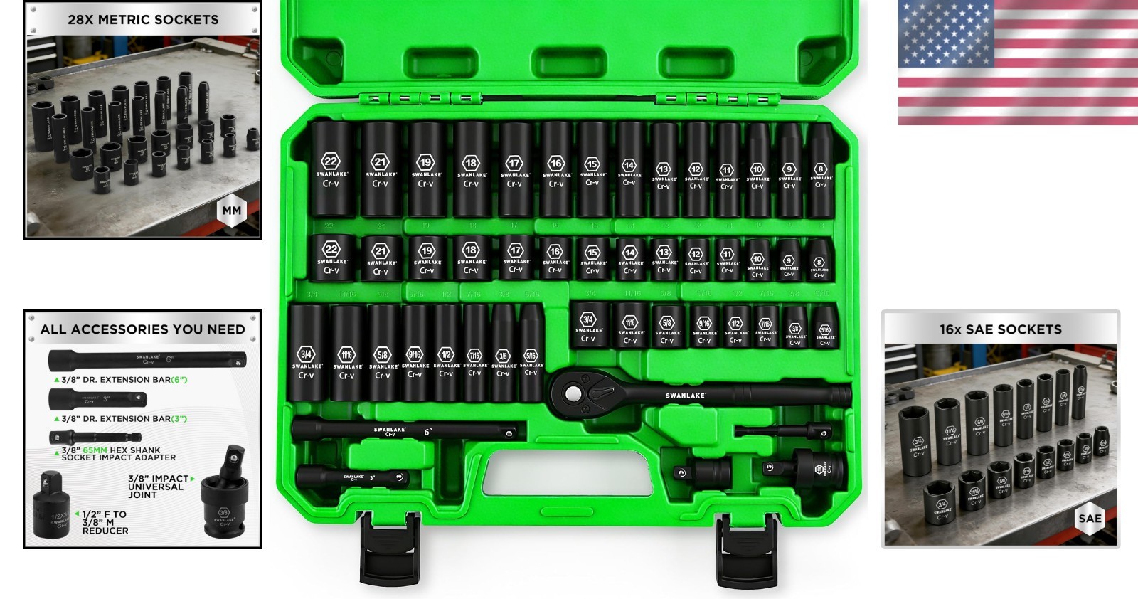 Swanlake 3/8» Drive Socket Set, 50-Piece 6-Point SAE Metric