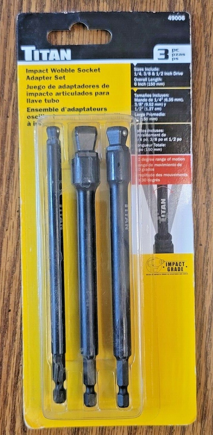 Titan 3pc 6″ Wobble Impact Socket adapters 1/4″ Hex to 1/4, 3/8 & 1/2″dr #49006