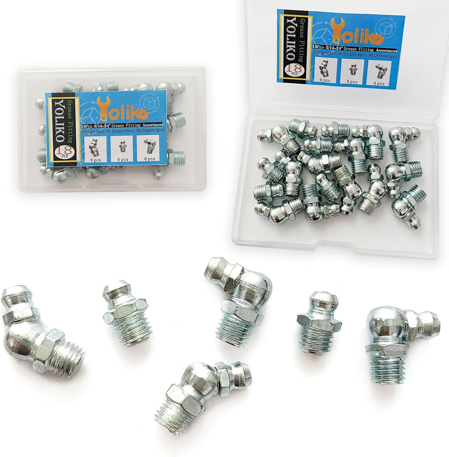 5/16″-24 18Pcs Grease Fitting Assortment Straight 45 90 5/16-24 18Pcs, Sliver
