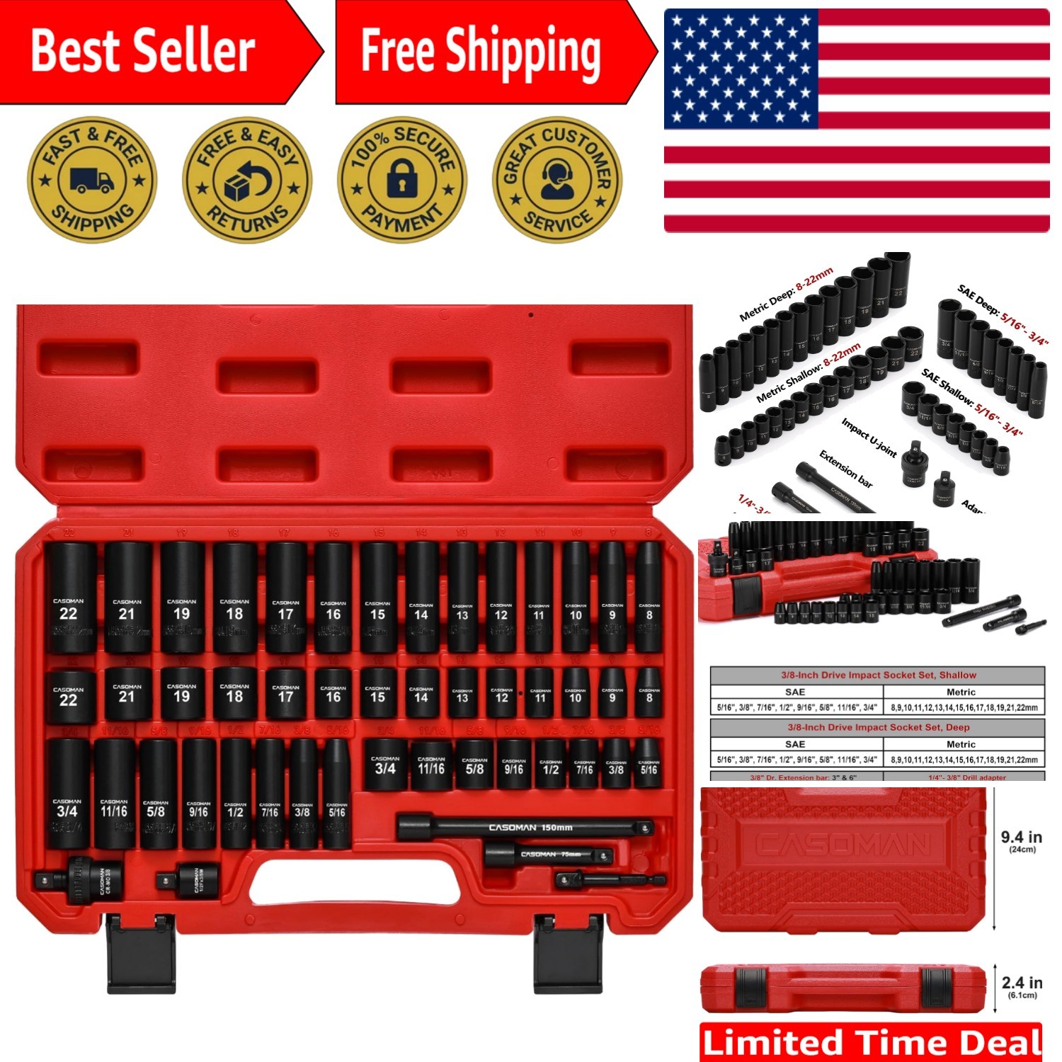 Durable 3/8″ Drive Impact Socket Set – 49-Pieces with Corrosion-Resistant Finish