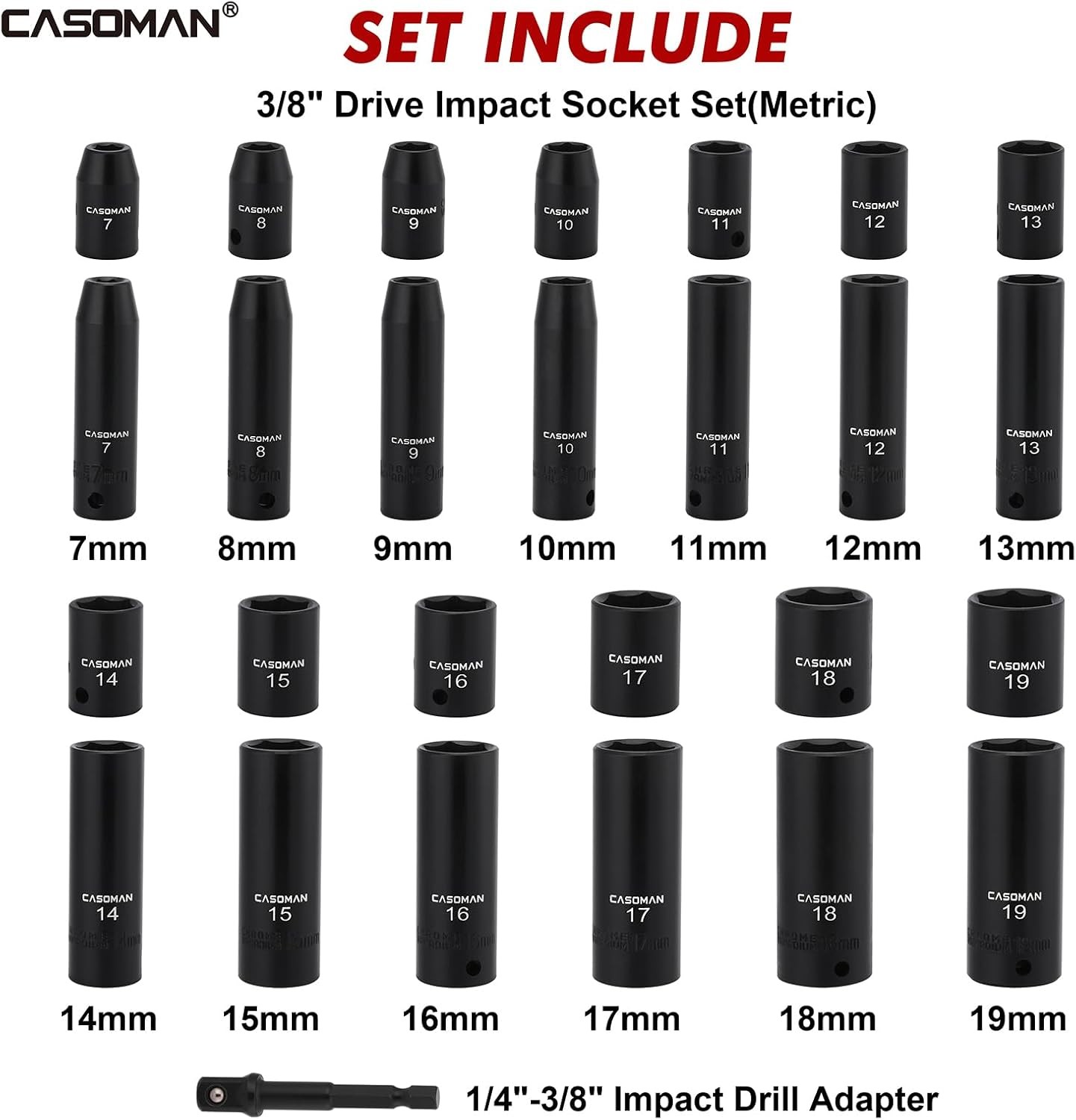 27 PCS 3/8″ Drive Impact Socket Set Deep&Shallow Metric 7mm-19mm 6 Point CR-V
