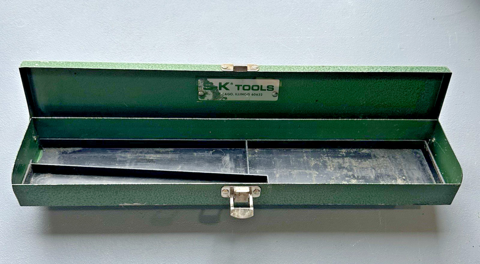 Vintage SK Tools Green Metal Socket Set Box 15″x3″Long Empty Case with Tray