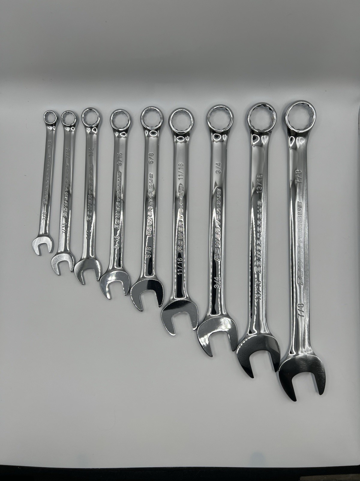 Power Torque 9pc Combination Wrench Set SAE 12 Point 3/8 to 7/8 Polished NOS