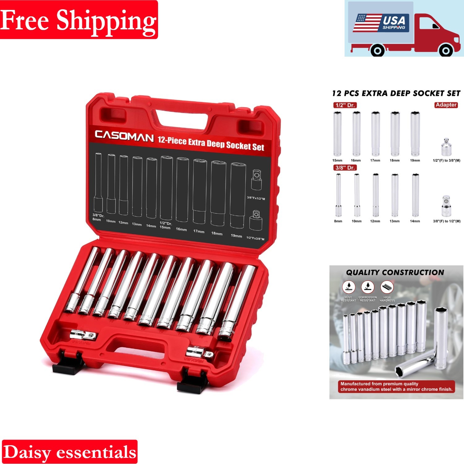 12-Piece Deep Socket Set 3/8 & 1/2 Inch Drive Chrome Vanadium with Case